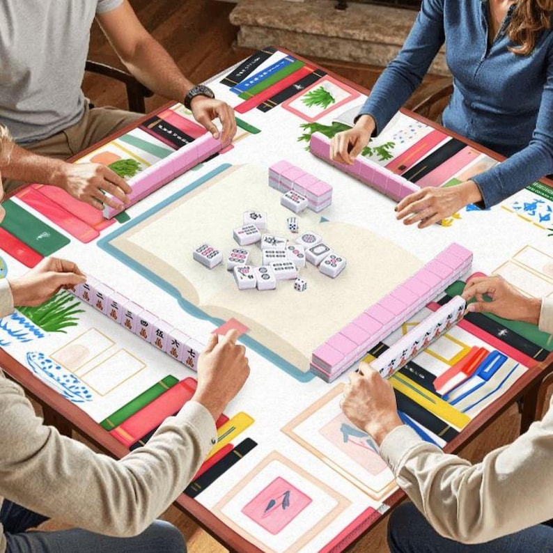 May include: A Mahjong game in progress, with players around a table. The game set includes pink tiles and racks. The table has a decorative surface with colorful illustrations. Players are seen handling the tiles.