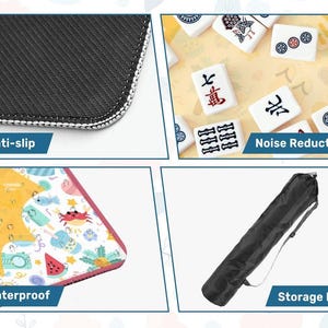 May include: A four-panel collage showing a mahjong mat with a black anti-slip textured underside, white mahjong tiles on a surface for noise reduction, a colorful summer-themed waterproof mat surface, and a black cylindrical storage bag with a strap.