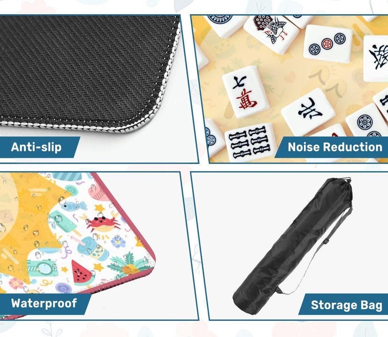 May include: A four-panel collage showing a mahjong mat with a black anti-slip textured underside, white mahjong tiles on a surface for noise reduction, a colorful summer-themed waterproof mat surface, and a black cylindrical storage bag with a strap.