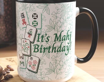 Mahjong Birthday Accent Coffee Mug, Botanical and Tiles Design Mahjongg Gift Idea, Mah Jong Celebration Ceramic Cup, Tile Game Fans Birthday
