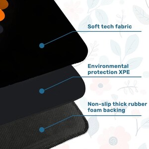 Puede incluir: Una alfombrilla de rat&oacute;n en capas con una capa superior negra, una capa intermedia gris oscuro y una capa inferior negra texturizada. La imagen destaca las caracter&iacute;sticas: "Soft tech fabric", "Environmental protection XPE" y "Non-slip thick rubber foam backing".