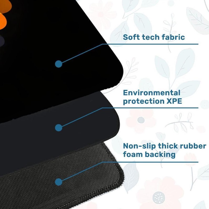 Puede incluir: Una alfombrilla de rat&oacute;n en capas con una capa superior negra, una capa intermedia gris oscuro y una capa inferior negra texturizada. La imagen destaca las caracter&iacute;sticas: "Soft tech fabric", "Environmental protection XPE" y "Non-slip thick rubber foam backing".