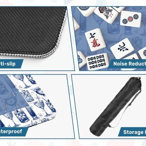 May include: A black and white Mahjong game mat with the words "Anti-slip", "Noise Reduction", and "Waterproof". The mat has a blue and white cocktail design and comes with a black storage bag.
