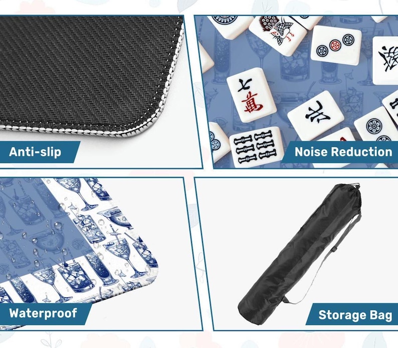 May include: A black and white Mahjong game mat with the words "Anti-slip", "Noise Reduction", and "Waterproof". The mat has a blue and white cocktail design and comes with a black storage bag.
