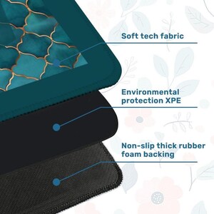 May include: A multi-layered mat featuring a top layer of soft tech fabric with a teal and gold geometric pattern, a middle layer of environmental protection XPE, and a bottom layer of non-slip thick rubber foam backing with a textured surface.