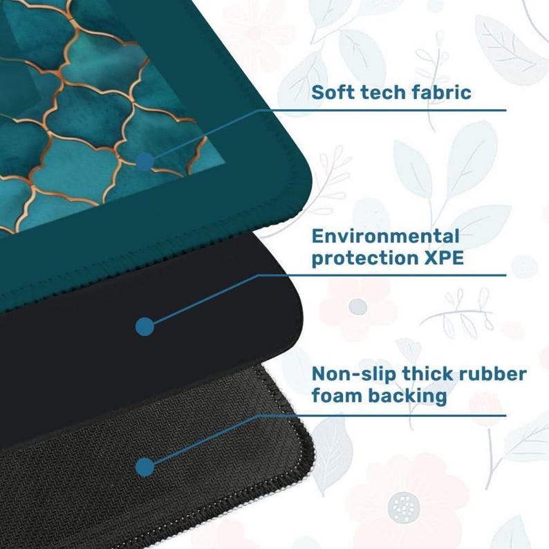 May include: A multi-layered mat featuring a top layer of soft tech fabric with a teal and gold geometric pattern, a middle layer of environmental protection XPE, and a bottom layer of non-slip thick rubber foam backing with a textured surface.