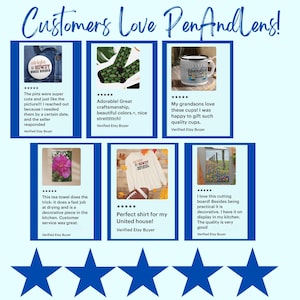 May include: An image showcasing customer reviews for various products. Featured items include a pin, socks, a mug, a tea towel, a shirt, and a cutting board. The text "Customers Love PenAndlens!" is at the top.