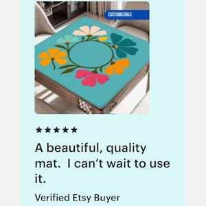 May include: A square table mat with a teal background and a floral design. The flowers are in shades of pink, orange, white, and teal, arranged in a circular pattern. The mat is on a wooden table. The word "CUSTOMIZABLE" is in a blue rectangle.