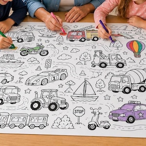 May include: A large, white coloring sheet featuring various vehicles and objects, including a fire truck, motorcycle, and sailboat. Children are coloring the sheet with markers. The sheet has a road map design with stars and trees.