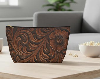 Tooled Leather-Look Personalized Accessory Pouch, Mahjong Bunco and Game Accessory Bag, Makeup or Travel Gift, Pencil Case