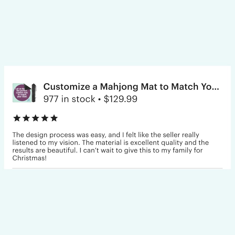 May include: The image displays text that reads "Customize a Mahjong Mat to Match Yo..." and customer reviews. The reviews mention the design process was easy and the material is excellent quality.