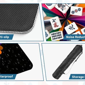 Puede incluir: Alfombrilla de juego negra con ribete blanco, con propiedades antideslizantes, impermeables y de reducci&oacute;n de ruido. La imagen muestra una bolsa de almacenamiento y fichas de Mahjong. La alfombrilla est&aacute; dise&ntilde;ada para jugar.