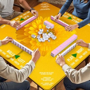 Puede incluir: Una mesa de Mahjong amarilla con un gran dise&ntilde;o floral est&aacute; rodeada de jugadores. Las fichas rosas y blancas est&aacute;n dispuestas sobre la mesa. La mesa tiene el texto "Walls Left" y "Play Right".