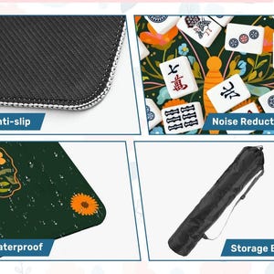 Puede incluir: Un tapete de mahjong verde oscuro con un dise&ntilde;o floral y las palabras "Waterproof" y "Anti-slip". El tapete tiene una parte inferior negra texturizada y un borde blanco. Tambi&eacute;n se muestra una bolsa de almacenamiento negra.