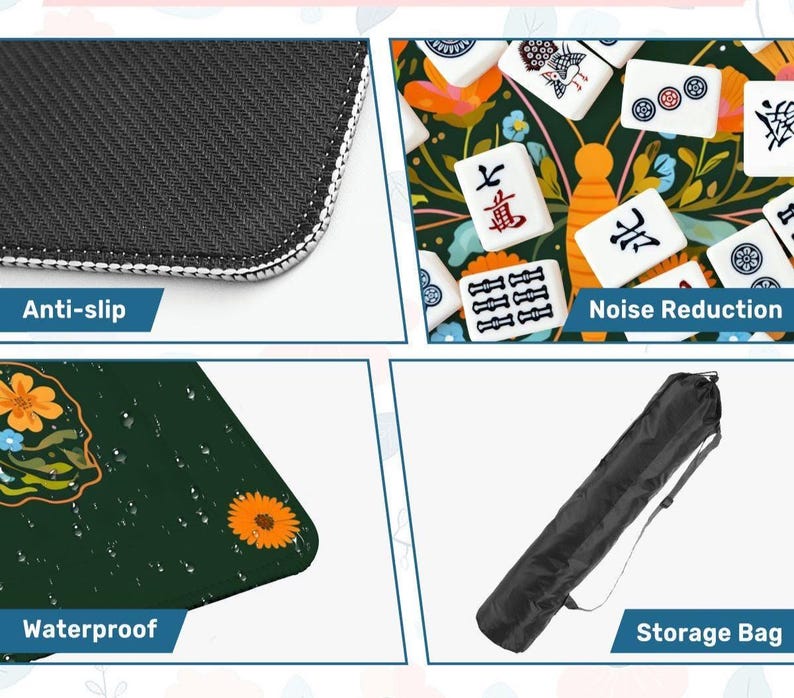 Puede incluir: Un tapete de mahjong verde oscuro con un dise&ntilde;o floral y las palabras "Waterproof" y "Anti-slip". El tapete tiene una parte inferior negra texturizada y un borde blanco. Tambi&eacute;n se muestra una bolsa de almacenamiento negra.