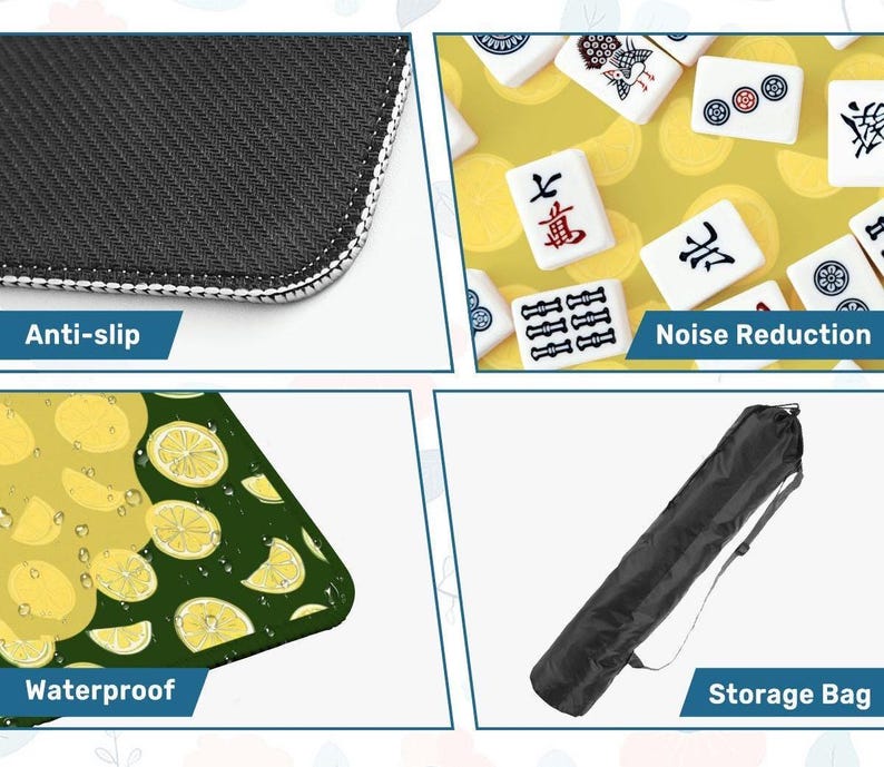 Pode incluir: Um tapete de rato verde com um padr&atilde;o de fatias de lim&atilde;o, rotulado como "Waterproof". Possui uma base antiderrapante preta e uma borda costurada branca. A imagem tamb&eacute;m mostra uma bolsa de armazenamento preta e pe&ccedil;as de mahjong.