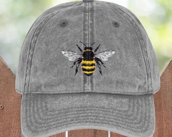 Honeybee Embroidered Cap Vintage Style, Gift for Gardener Beekeeper Nature Lover, Distressed Low-Profile Cap, Garden Gift for Bee Lovers