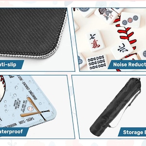 May include: A rectangular mahjong mat featuring a baseball-themed design with red stitching graphics. The mat has an anti-slip black rubber backing, a waterproof surface, and noise-reducing properties. It comes with a black cylindrical storage bag.