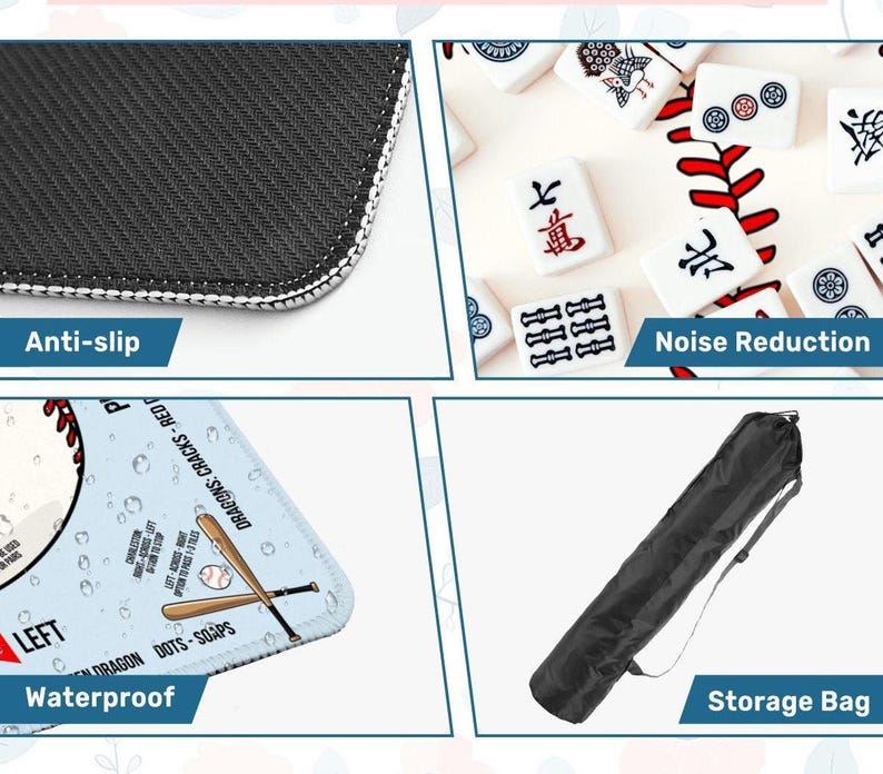 May include: A rectangular mahjong mat featuring a baseball-themed design with red stitching graphics. The mat has an anti-slip black rubber backing, a waterproof surface, and noise-reducing properties. It comes with a black cylindrical storage bag.