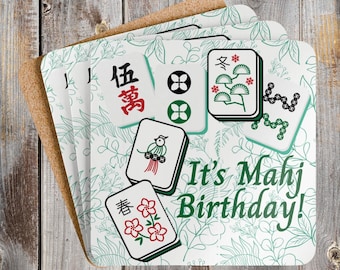 Mahjong Birthday Coaster Set of 4, Celebrate Mahj Group Birthdays, Mahjongg Party Favor, Reuseable  Coaster Gift for Mahjong Players