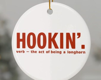Adorno de cerámica de los Longhorns, adorno de Hookin Longhorn, divertido adorno de árbol de Texas, regalo navideño de UT, adorno de cerámica con diseño de doble cara