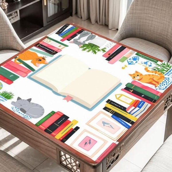 Cats and Books Mahjong Table Mat, Custom Game Night Accessory,  Mahjongg Mat with Storage Bag, Custom Tile Game Gift for Players or Hosts