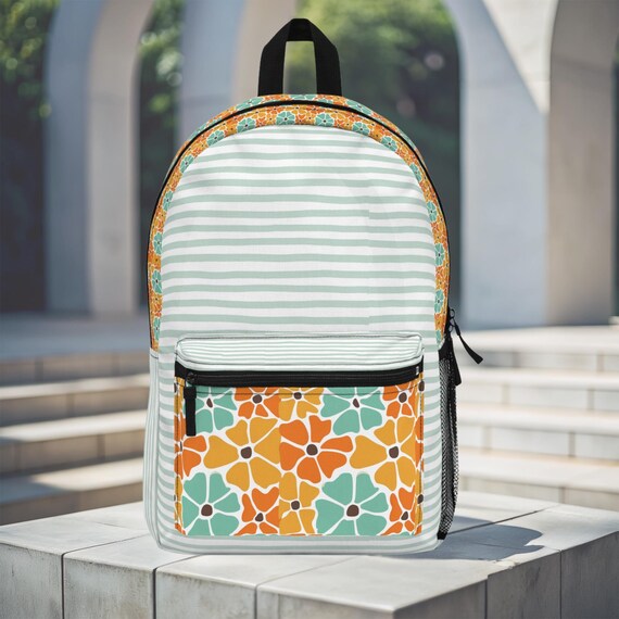Boho Flowers and Stripes Custom Name Backpack, Retro Floral Stripe