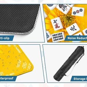 Puede incluir: Una superficie antideslizante en blanco y negro con costuras blancas. La imagen tambi&eacute;n muestra una superficie amarilla impermeable, fichas de Mahjong y una bolsa de almacenamiento negra. El texto dice "Anti-slip", "Noise Reduction", "Waterproof" y "Storage Bag".