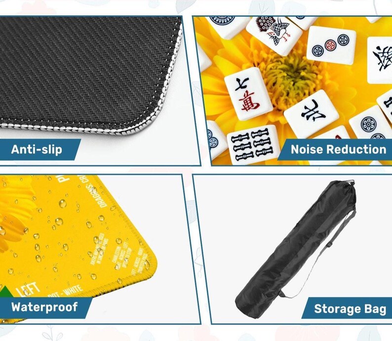 Puede incluir: Una superficie antideslizante en blanco y negro con costuras blancas. La imagen tambi&eacute;n muestra una superficie amarilla impermeable, fichas de Mahjong y una bolsa de almacenamiento negra. El texto dice "Anti-slip", "Noise Reduction", "Waterproof" y "Storage Bag".