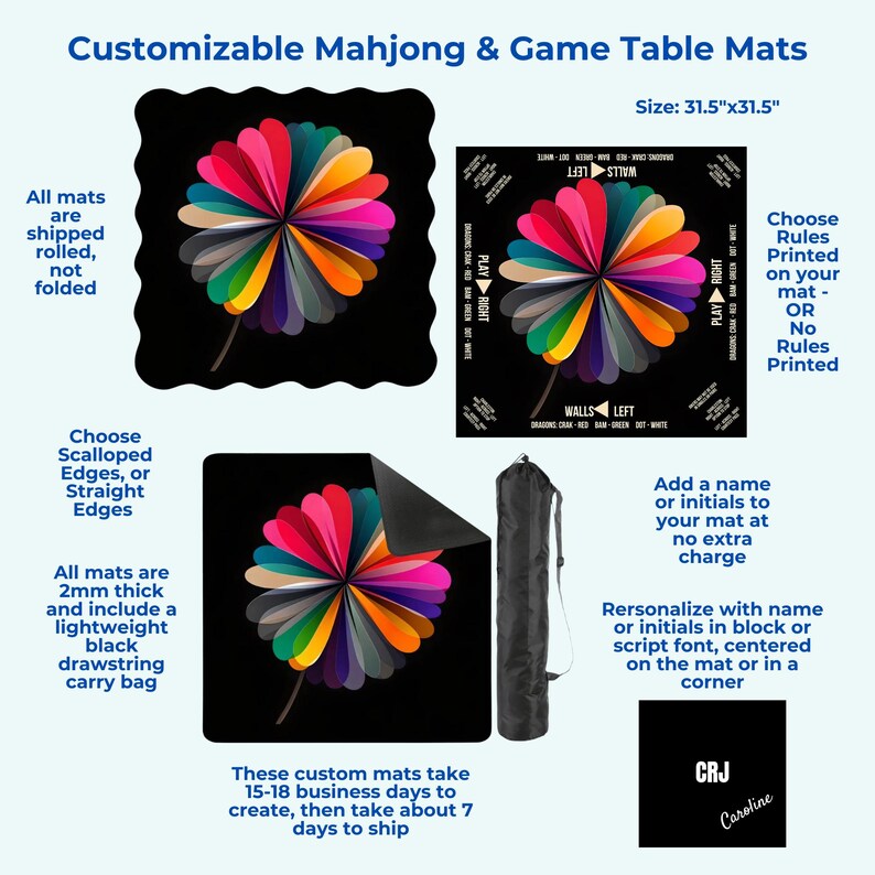 Navy Mandala Mahjong Table Mat, Custom Game Night Accessory, Mahjongg Mat with Storage Bag, Custom Tile Game Gift for Players or Hosts image 8