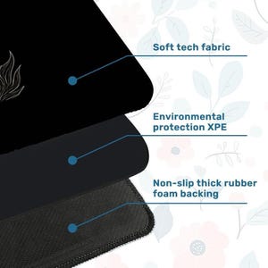 May include: A black mousepad with a soft tech fabric surface, environmental protection XPE layer, and a non-slip thick rubber foam backing. The image shows the layered construction of the mousepad.