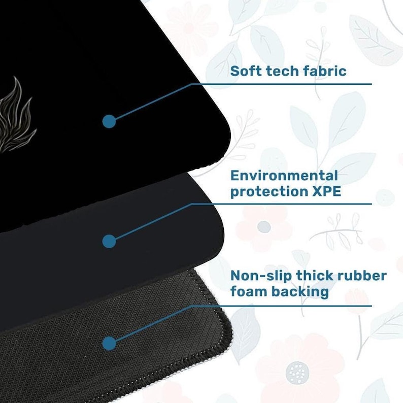 May include: A black mousepad with a soft tech fabric surface, environmental protection XPE layer, and a non-slip thick rubber foam backing. The image shows the layered construction of the mousepad.