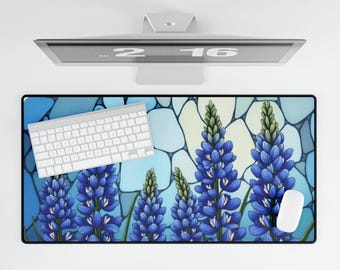 Desk Mat Bluebonnets Stained Glass Style, XL Gaming Pad, Texas Wildflowers Office Decor, Work From Home Gift for Her, Blue Floral Mousepad.
