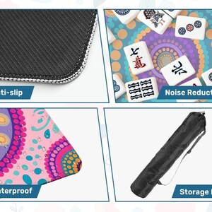 Puede incluir: Primer plano de una superficie antideslizante negra con costuras blancas. Superficie estampada colorida con el texto "Waterproof". Un juego de fichas de Mahjong. Una bolsa de almacenamiento negra con el texto "Storage Bag".