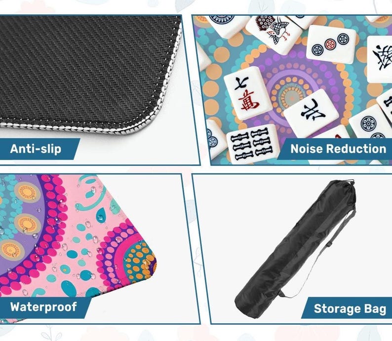 Puede incluir: Primer plano de una superficie antideslizante negra con costuras blancas. Superficie estampada colorida con el texto "Waterproof". Un juego de fichas de Mahjong. Una bolsa de almacenamiento negra con el texto "Storage Bag".