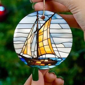 Stained Glass Sailboat Ceramic Suncatcher Ornament, Year-Round Nautical Window Decor Gift for Sailing Lovers, Sailing Enthusiasts Gift