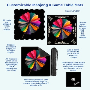 Op de afbeelding: Aanpasbare Mahjong & Game Table Mats, afmeting 80cm x 80cm. De matten hebben een kleurrijk, abstract bloemmotief op een zwarte achtergrond. Inclusief een zwarte draagtas met trekkoord. Personalisatie-opties beschikbaar.
