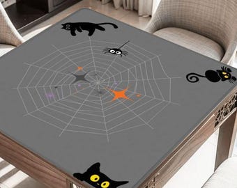 Custom Mahjong Table Mat with Halloween Black Cats Design, Personalized Non-Slip Mahj Game Table Pad with Storage Bag, Spooky Mahjongg Gift