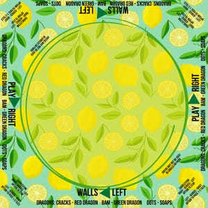 Peut inclure: Un fond &agrave; motifs avec des citrons jaunes et des feuilles vertes sur un fond vert clair et sarcelle. Le texte comprend "Walls Left", "Play Right" et des instructions de jeu. Le design est circulaire avec une bordure.
