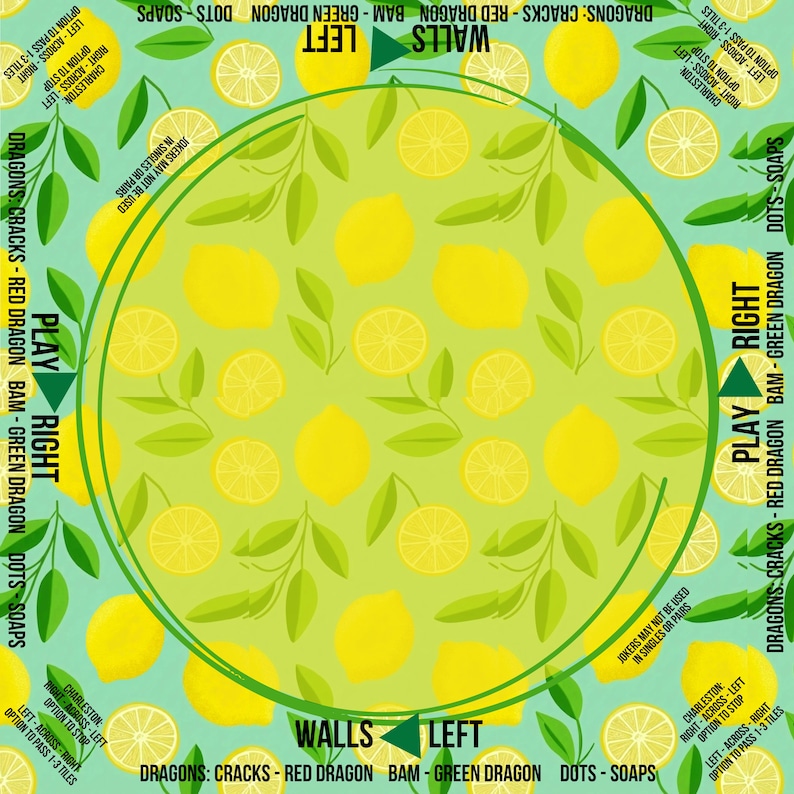 Peut inclure: Un fond &agrave; motifs avec des citrons jaunes et des feuilles vertes sur un fond vert clair et sarcelle. Le texte comprend "Walls Left", "Play Right" et des instructions de jeu. Le design est circulaire avec une bordure.
