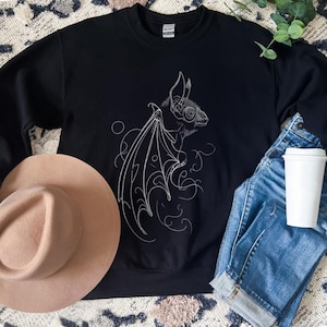 Minimalist Bat Line Art Crewneck Sweatshirt, Halloween Outfit, Artistic Bat Sketch Design, Gift for Goblincore and Forestcore Fans
