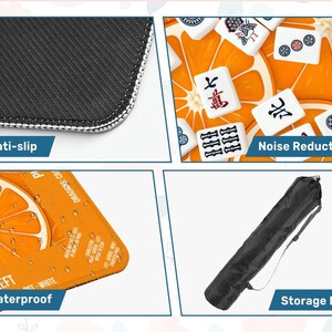 K&ouml;nnte beinhalten: Das Bild zeigt eine rutschfeste Oberfl&auml;che in Schwarz und Wei&szlig;, eine wasserdichte Oberfl&auml;che im Orangendesign mit Text, eine schwarze Aufbewahrungstasche und Mahjong-Steine mit dem Wort "Ger&auml;uschreduzierung".