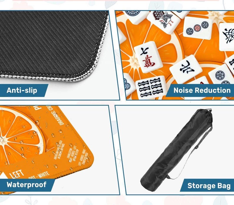 K&ouml;nnte beinhalten: Das Bild zeigt eine rutschfeste Oberfl&auml;che in Schwarz und Wei&szlig;, eine wasserdichte Oberfl&auml;che im Orangendesign mit Text, eine schwarze Aufbewahrungstasche und Mahjong-Steine mit dem Wort "Ger&auml;uschreduzierung".