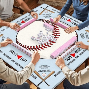 May include: A square mahjong mat featuring a baseball design with red stitching on a white background. The light blue border includes printed instructions, baseball bat graphics, and text such as Walls Left, Play Right, and Charleston options.