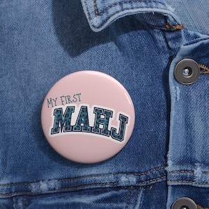 First Mahjong Pin Button,  Pink and Teal Leopard Jacket Backpack Tote Bag Badge, Mah Jongg Host Teacher Player Gift, Bulk Order Discount