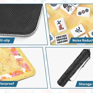 May include: A close-up of a black anti-slip surface with white stitching. A yellow and pink floral waterproof surface. White Mahjong tiles with red and black symbols. A black storage bag.