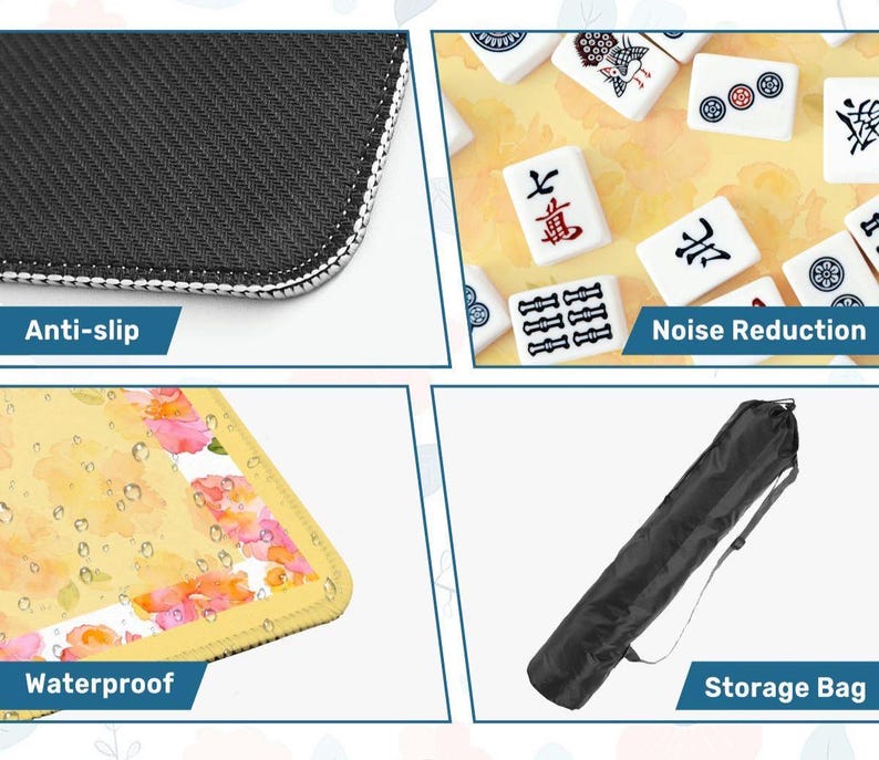 May include: A close-up of a black anti-slip surface with white stitching. A yellow and pink floral waterproof surface. White Mahjong tiles with red and black symbols. A black storage bag.