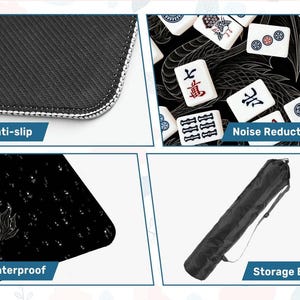 May include: A black mahjong mat with white trim, featuring anti-slip, noise reduction, and waterproof properties. The mat includes a storage bag. The image also shows mahjong tiles.