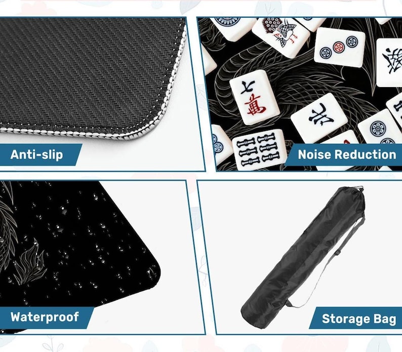 May include: A black mahjong mat with white trim, featuring anti-slip, noise reduction, and waterproof properties. The mat includes a storage bag. The image also shows mahjong tiles.