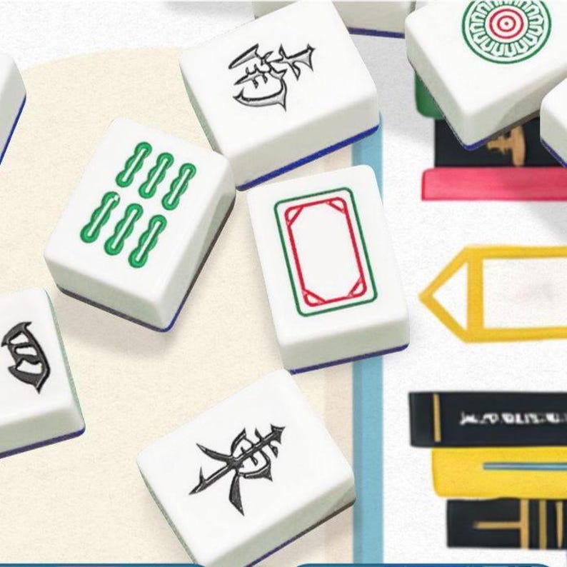 May include: A selection of white Mahjong tiles, each displaying unique symbols and markings in green, red, and black. The tiles are arranged in a scattered pattern, highlighting the diverse designs and colours, with a blue border.